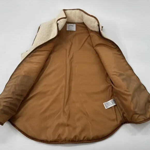 Old Navy Sherpa Women's Vest Medium Cream Tan Trim Pockets Zip Lined Boho NEW - Picture 3 of 8